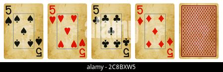 Four Vintage Playing Cards Isolated on White Background, Showing Fives from Each Suit - Hearts, Clubs, Spades and Diamonds Stock Photo