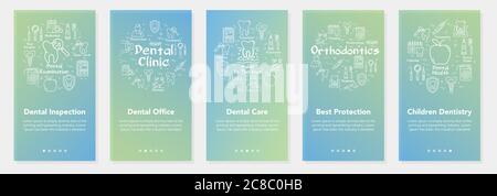Vertical five banners with line concept of dentistry - dental inspection and children dentistry Stock Vector