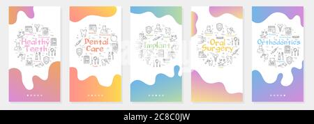 Vertical five gradient banners with line concept of dentistry - orthodontics and dental oral surgery Stock Vector