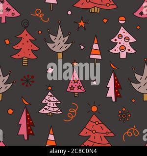 Christmas tree doodles seamless pattern for greeting cards or banners. Hand drawn print with Christmas trees for wrapping paper, textiles Stock Vector