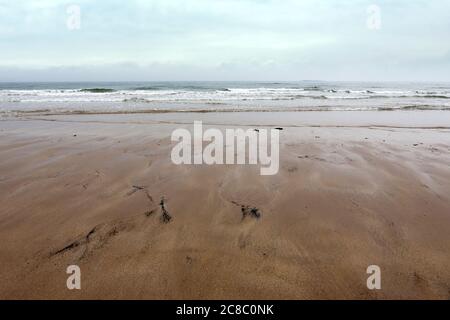 The North Sea and Inner Farne Island from Bamburgh Sands, Northumberland, England, UK at low tide, on a dull, cloudy day Stock Photo