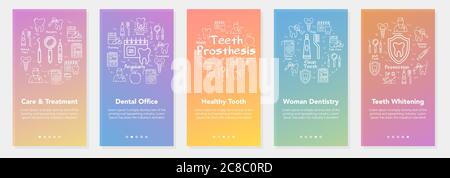 Vertical five banners with line concept of dentistry - teeth prosthesis and woman dentistry Stock Vector