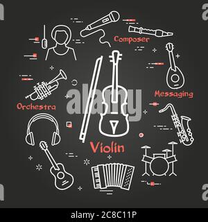 Vector black linear banner for music - violin and bow Stock Vector
