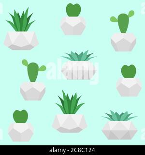 Plants in pots seamless vector pattern. Cactuses and succulents flowers background for fabric print design Stock Vector