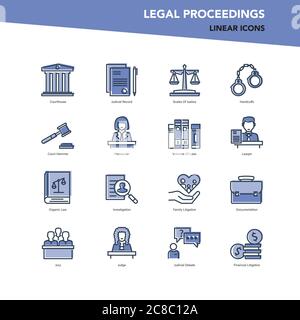 Vector set of color line icons of legal proceedings and law Stock Vector