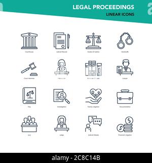 Vector set of line icons of legal proceedings and law Stock Vector