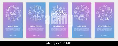 Vertical five banners with line concept of winemaking - grand tasting and royal winery Stock Vector
