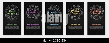 Vertical five black banners with line concept of dentistry - oral surgery and denture implant Stock Vector