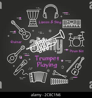 Vector black linear banner for music - trumpet playing Stock Vector