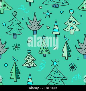 Christmas tree doodles seamless pattern for greeting cards or banners. Hand drawn print with Christmas trees for wrapping paper, textiles Stock Vector