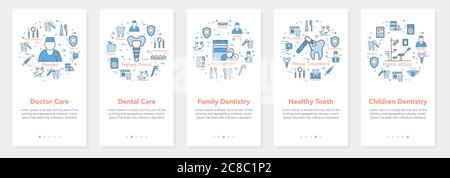 Vertical five banners with line concept of dentistry - family and children dentistry Stock Vector
