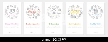 Vertical five banners with line concept of dentistry - woman dentistry and orthdontics Stock Vector