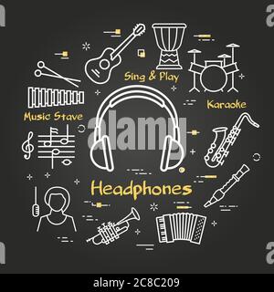 Vector black linear banner for music - vocal headphones Stock Vector