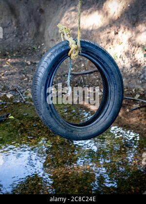 Tyre rope swing above a small stream in the woods Stock Photo