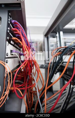 Messy cables in computer data center Stock Photo