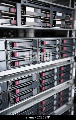 Close up of server hard drives in data center Stock Photo