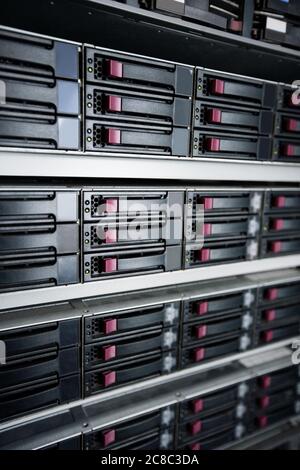 Close up of server hard drives in data center Stock Photo