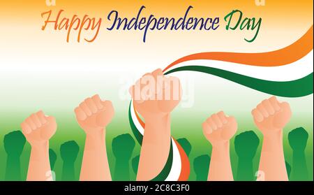 India Independence Day celebrations concept with hand fist.National flag color theme background. India flag illustration.Hand holding flag. Stock Vector