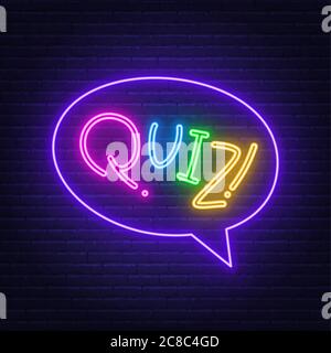 Neon Lettering Quiz on a brick wall background. Multicolored inscription. Stock Vector
