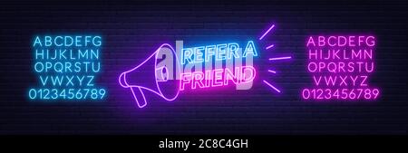 Refer a friend neon sign on brick wall background. Template for the design of the referral program. Stock Vector