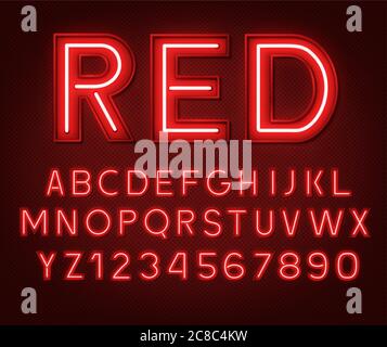Neon glowing red 3d letters and numbers. Stock Vector