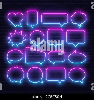Neon pink blue gradient speech bubble frame on dark background . Bright light frames for quotes and text. Stock Vector