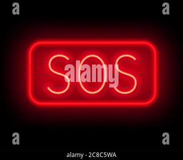 Neon sign SOS. The inscription on a dark background. Stock Vector