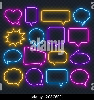 Neon multicolored speech bubble on a transparent background. Bright light frames for quotes and text. Stock Vector