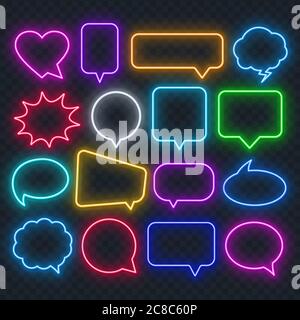 Neon multicolored speech bubble on a transparent background. Bright light frames for quotes and text. Stock Vector