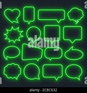 Neon green speech bubble frame on a transparent background. Bright light frames for quotes and text. Stock Vector