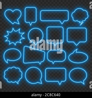 Neon blue speech bubble frame on a transparent background. Bright light frames for quotes and text. Stock Vector