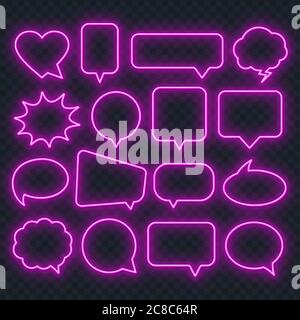 Neon pink speech bubble frame on a transparent background. Bright light frames for quotes and text. Stock Vector