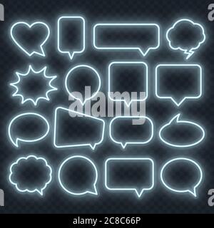 Neon white speech bubble frame on a transparent background. Bright light frames for quotes and text. Stock Vector