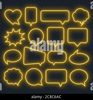 Neon yellow speech bubble frame on a transparent background. Bright light frames for quotes and text. Stock Vector