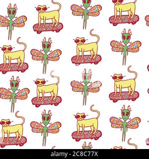 ПечатьSeamless pattern with doodle cartoon cat on skateboard and alien with dragonfly wings. Vector illustration Stock Vector