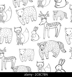 Kids drawing of animals - seamless pattern. Doodle coloring page for kids. Vector illustration Stock Vector