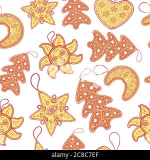 Seamless pattern with Christmas decoration for christmas tree - golden star, moon, sun, heart and christmas tree. Vector illustration Stock Vector