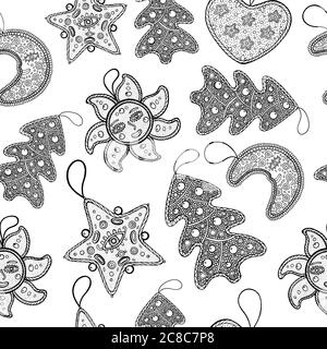 Seamless pattern and coloring page with Christmas decoration for christmas tree - star, moon, sun, heart and christmas tree. Vector illustration Stock Vector