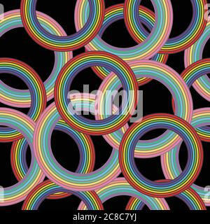 Pastel rainbow circles on black background - oldschool seamless pattern. Abstract colorful ornament. Vector illustration Stock Vector