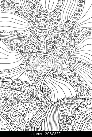 Rainbow tree of life. Surreal fantasy psuchedelic coloring page for adults. Vector illustration Stock Vector