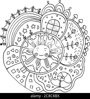 Kid drawn mandala with sun and nature elements - doodle coloring page for adults and kids. Vector illustration Stock Vector