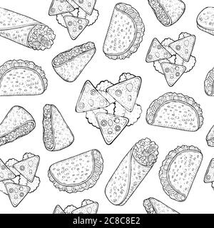 Mexican food seamless pattern. Coloring page for adults. Vector illustration Stock Vector