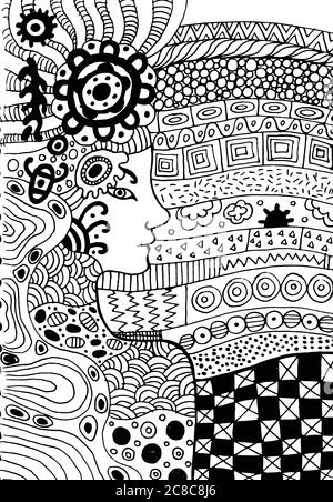 Shaman witch girl on the ornated background.. Doodle coloring page for adults. Vector illustration Stock Vector