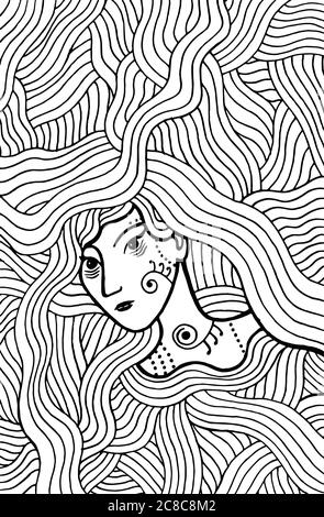 Shaman mystic girl with wavy hair. Doodle coloring page for adults. Vector illustration Stock Vector