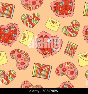 Valentine's Day seamless pattern with hearts and letters. Doodle cartoon background. Vector illustration Stock Vector