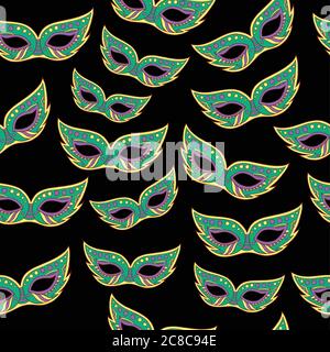 Mardi Gras masks seamless pattern. Cartoon doodle background. Vector illustration Stock Vector