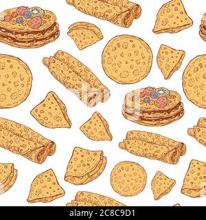 Pancakes seamless pattern. Doodle cartoon ornament for shrovetide holiday. Vector illustration Stock Vector