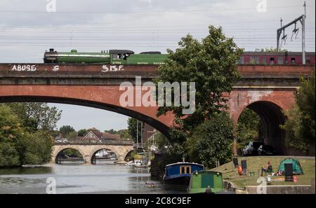 The LNER Thompson Class B1 steam locomotive 61306, named Mayflower, passes over the Maidenhead railway bridge in Berkshire, en route to Didcot as she undertakes her first journey since December 2019. Stock Photo