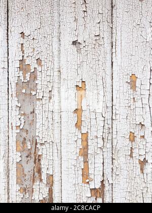 background wooden board with cracked peeling white paint, texture Stock Photo
