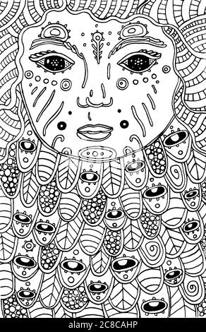 Surreal cosmic child - doodle coloring page for adults. Fantastic face with magic eyes. Ink outline artwork. Vector illustration Stock Vector